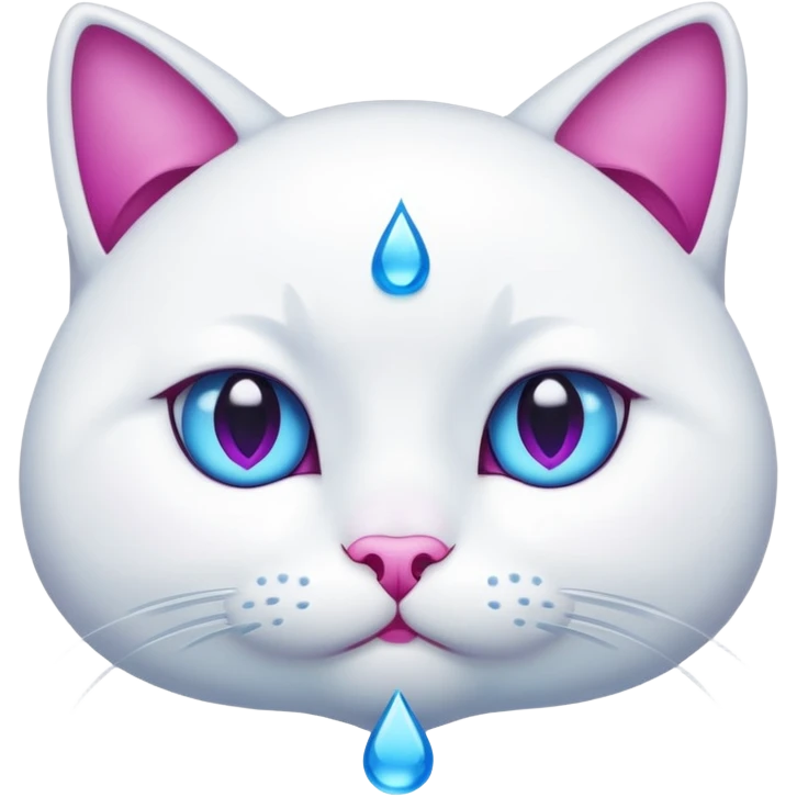 White cat, emphasized sad face, blue water tear drop below one eye, magenta eyes, black background, cute cartoon style emoji