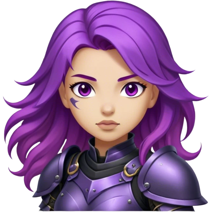 A mysterious warrior girl with flowing purple hair, dressed in black armor. emoji