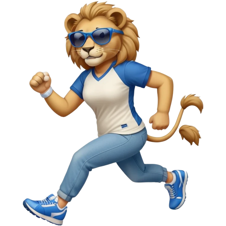 friendly anthropomorphised female lion wearing a baseball shirt, jeans, trainers, dark sunglasses, jogging upright, looking dominant and confident emoji