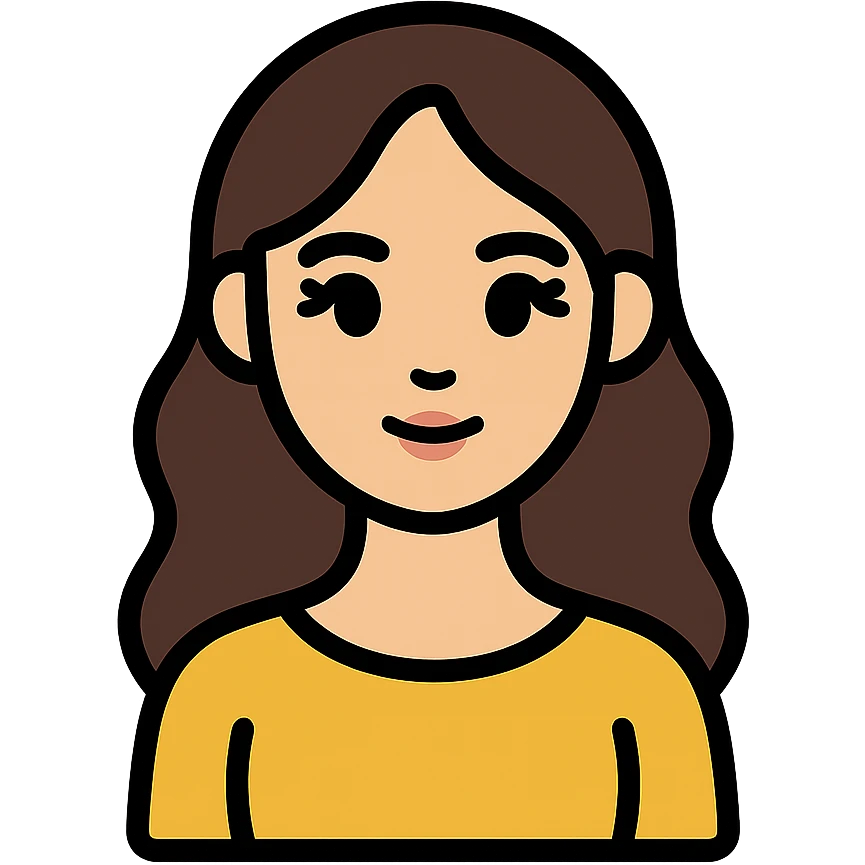 oval face with wide dark eyes and long eyelashes, soft nose and lips, light skin, long wavy dark brown hair, slim body, simple elegant clothes without hijab, colorful icon style with clear lines emoji