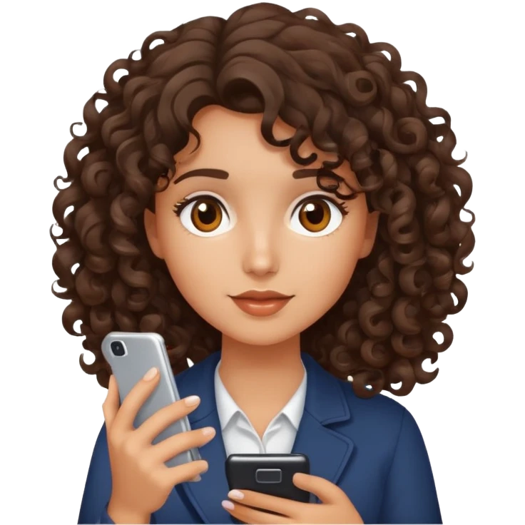 brunette girl with curly medium length hair, brown eyes, slightly tan skin, holding a phone emoji