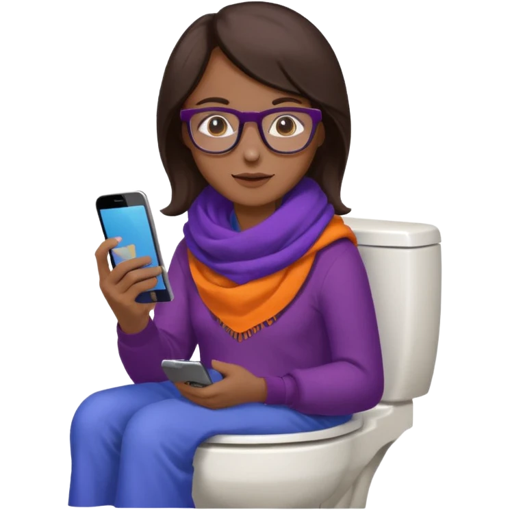 Fille châtain foncé avec lunettes. Elle porte une grosse écharpe violette, bleu et orange. Elle assise dans une cuvette de toilette. Téléphone en main. Realiste emoji