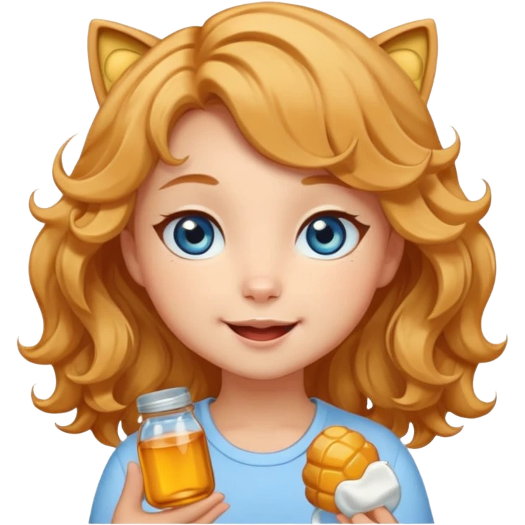 Создай яркий мультяшный телеграм‑стикер‑пак в духе Lady Cat: динамичный, кавайный и с милыми эмоциями ￼ ￼. Персонаж — молодая девушка с медовыми волнистыми волосами, серо‑голубыми глазами и нежной улыбкой; каждый стикер передаёт разные чувства, сохраняя романтичность и игривость. emoji