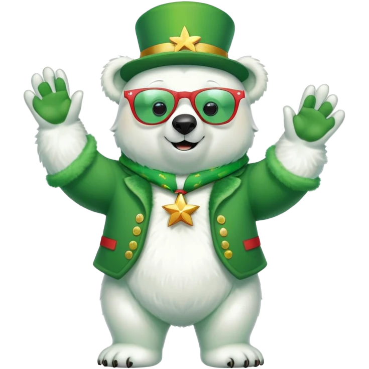 full body friendly anthropomorphised polar bear wearing large multicolored star-shaped glasses and festive St. Patrick's Day outfit, waving and smiling emoji
