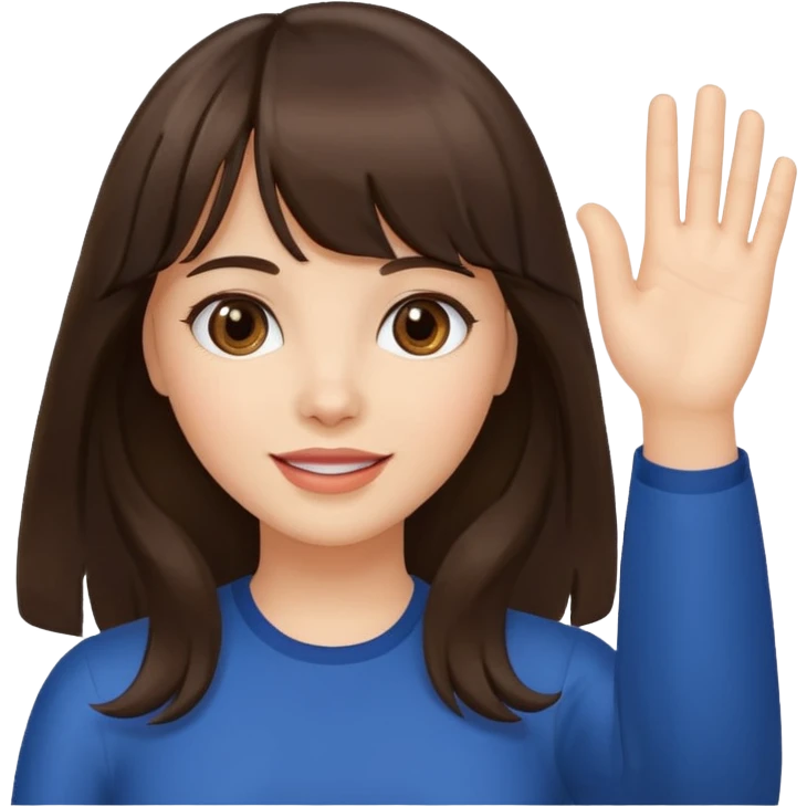 brunette woman with bangs and long hair waving, friendly emoji