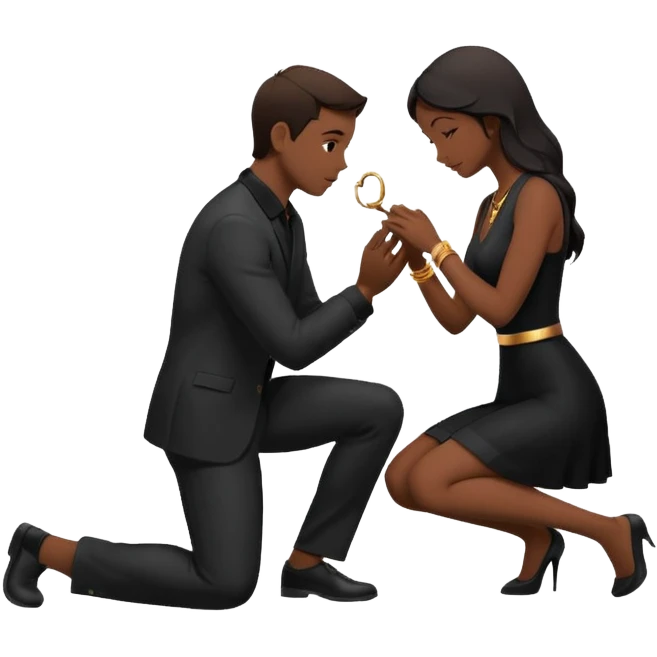 Silhouette of a man kneeling on one knee and offering a ring to a woman receiving it emoji