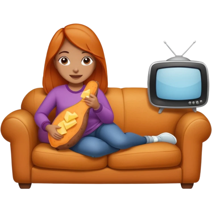 Female personified sweet potato with butter sitting on a couch very cozy watching tv  emoji