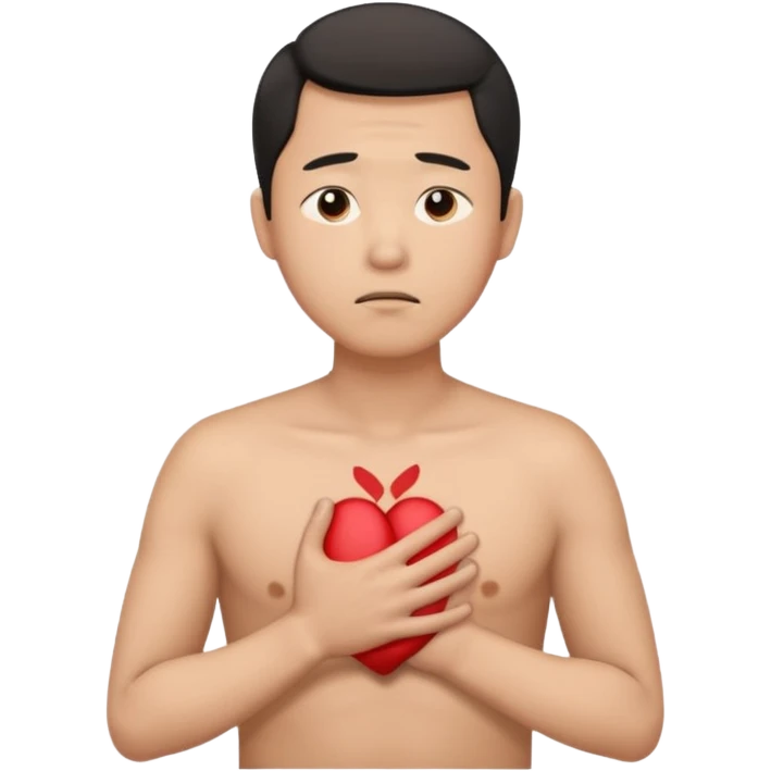 first asian man put his hands on his chest where his heart is, to showw howw he feeels. With a sad exxpression  emoji
