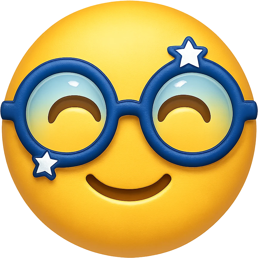 yellow face with blue wizard glasses, digital illustration, emoji style emoji