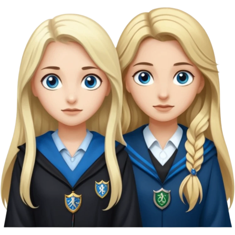 a pretty ravenclaw girl with long brown hair and blue eyes standing with a hot Slytherin girl with long blonde hair, blue eyes and big boobs  emoji