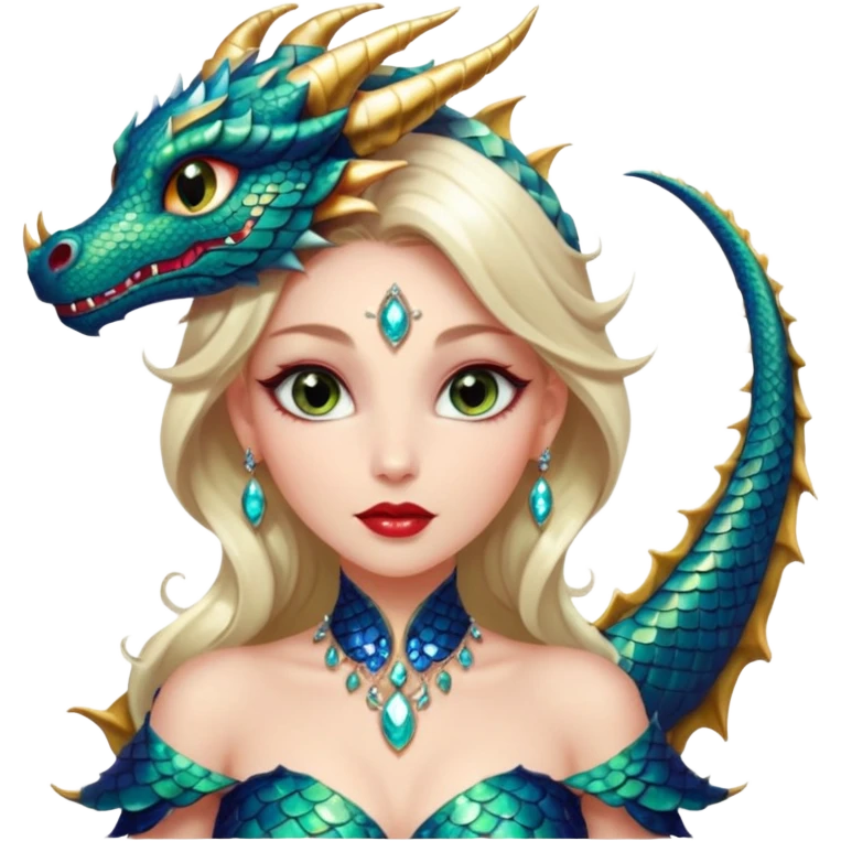 A gorgeous woman with dragon features with glittering jeweled scales covering her body. She has large almond shaped eyes, lush lips, and she wears a stunning luminescent gown. emoji