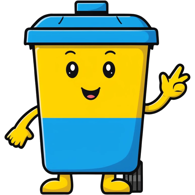 cartoon blue bin with a happy face, waving and saying hi emoji