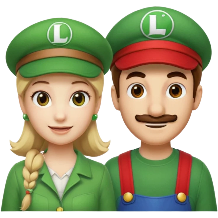 blonde female Luigi (with the Luigi green hat with an L on it) and a normal brown hair male Mario with the red hat with a (M) on it. They are friends just smiling. think video game emoji