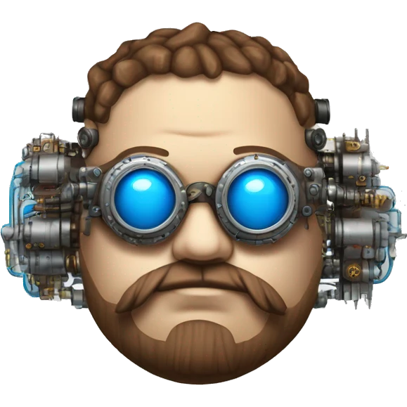 Fat cyborg head with blue steampunk goggles, brown beard and circuits emoji