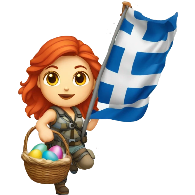 Female winter mountaineer red hair white skin climbing with Greek Flag and Easter eggs basket emoji
