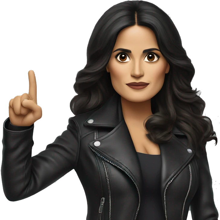 Salma Hayek wearing leather jacket, pointing forward with her pointer finger emoji