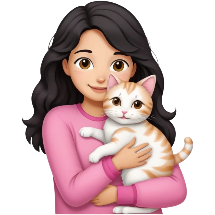 A girl with black wavy hair and light tan skintone, wearing a pink clothes, hugging a tabby white cat while smiling  emoji