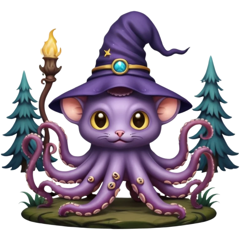 a cat that looks like a wizard that is half monster half octopus holding a rat looking super scary and mysterious with forest background nighttime sky emoji