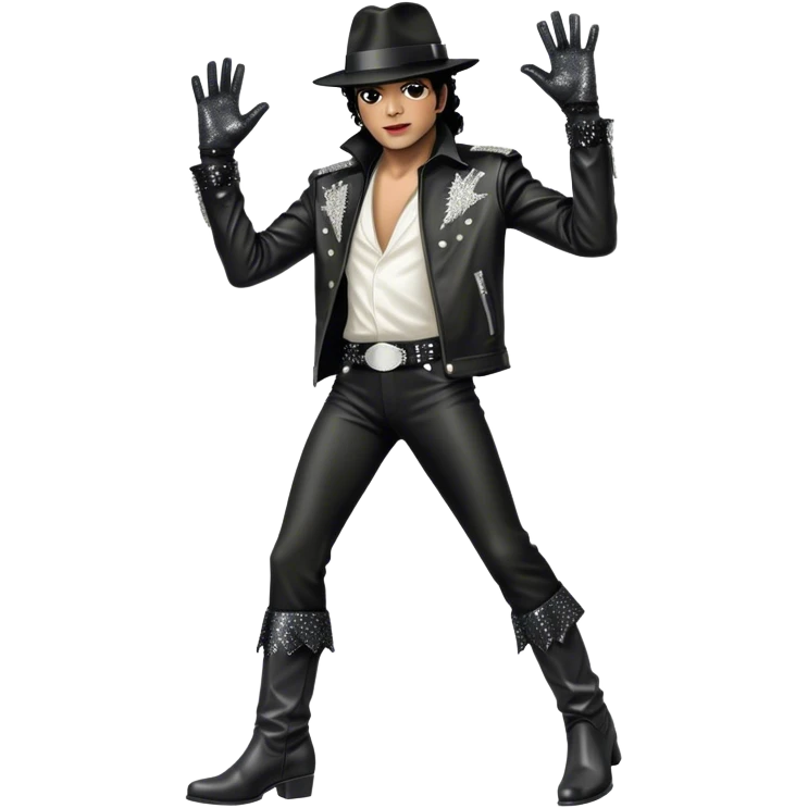 Icon for R&B Music: Michael Jackson on stage in full body, wearing his iconic concert costume—black leather jacket, sequined glove, fedora, and boots. He strikes a powerful pose, embodying the energy of R&B music. Transparent background. emoji
