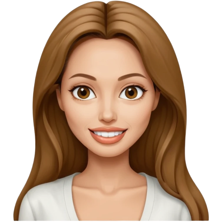 Angelina jolie , fashion model Beautiful woman model adult   large breasts  with monolid narrow eyes tan skin, full lips  long hair model white  top  grinning  emoji