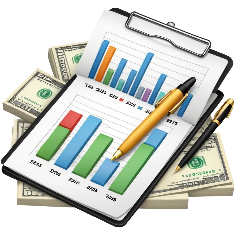 financial documents with charts, dollar sign, and pen emoji