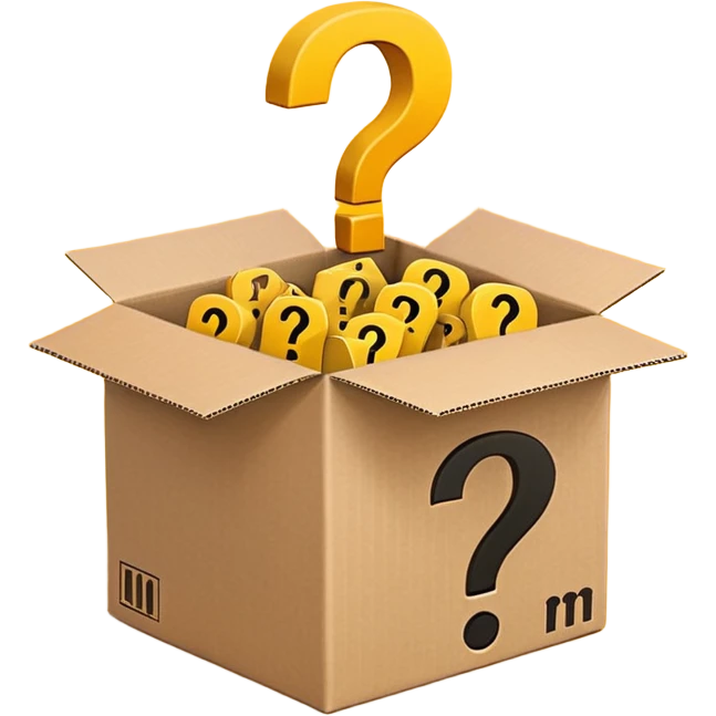 amazon box printed with q&a over stuffed with yellow question marks emoji