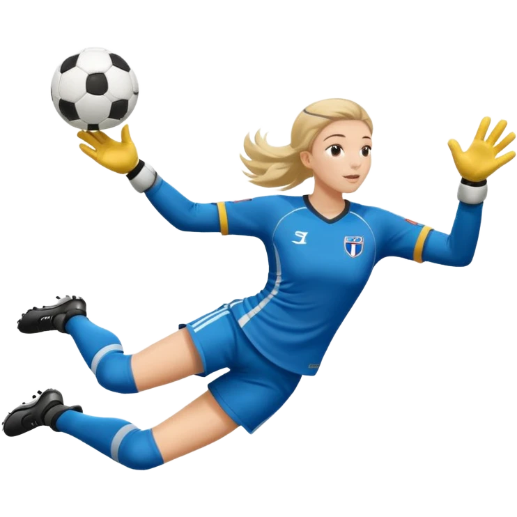 make a girl goalie diving through the air sideways with one soccer ball in her hands  emoji
