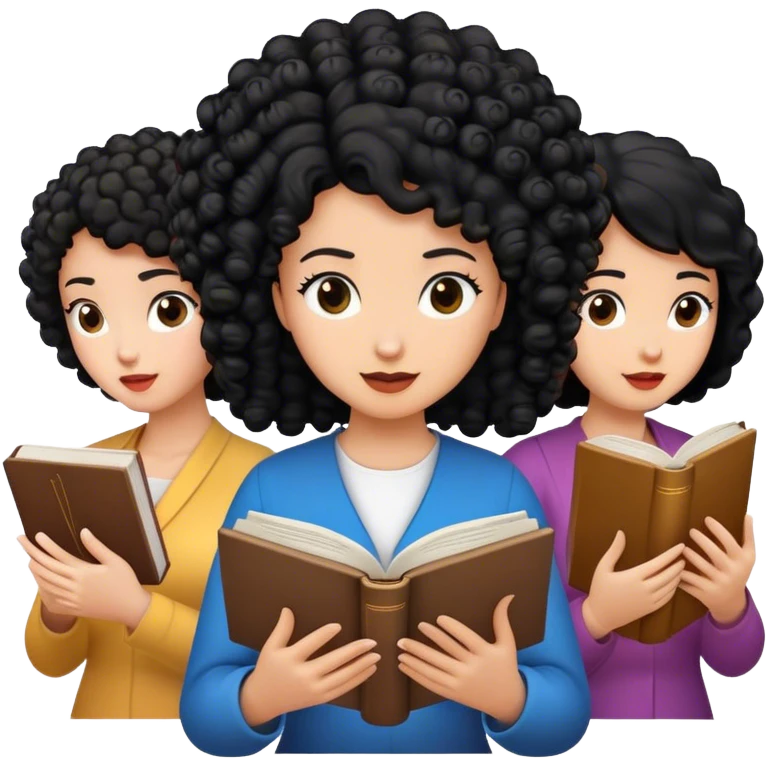 First woman curly hair, second woman black hair and third woman black hair reading bible emoji