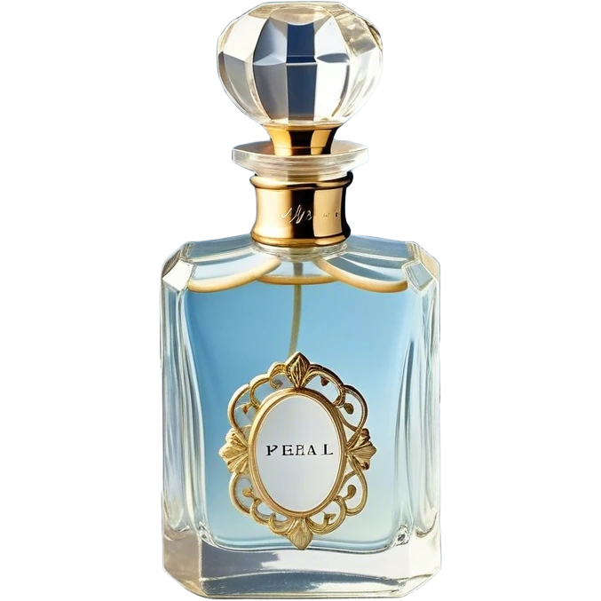gainst a powdery blue silk backdrop, a vintage crystal perfume bottle with delicate gold filigree detailing catches the soft glow of the morning light. A silken ivory ribbon, loosely tied around its slender neck, cascades onto the fabric, creating soft folds. Scattered around the bottle, pale blue and creamy white pansies rest gently, their petals carrying hints of pearl-like shimmer. A few stray petals, kissed by the golden light, add a touch of delicate imperfection, evoking a sense of quiet romance. emoji