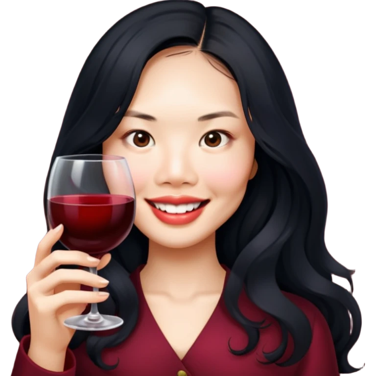 Asian girl long wavy hair holding a glass of wine emoji