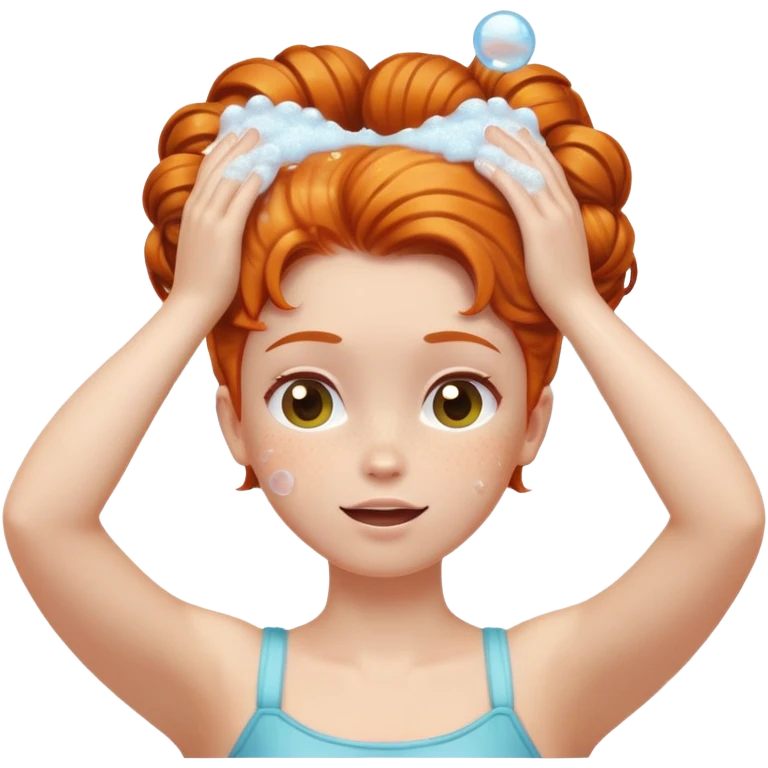 Ginger girl hair up arms up hands on head washing hair soapy bubbles emoji
