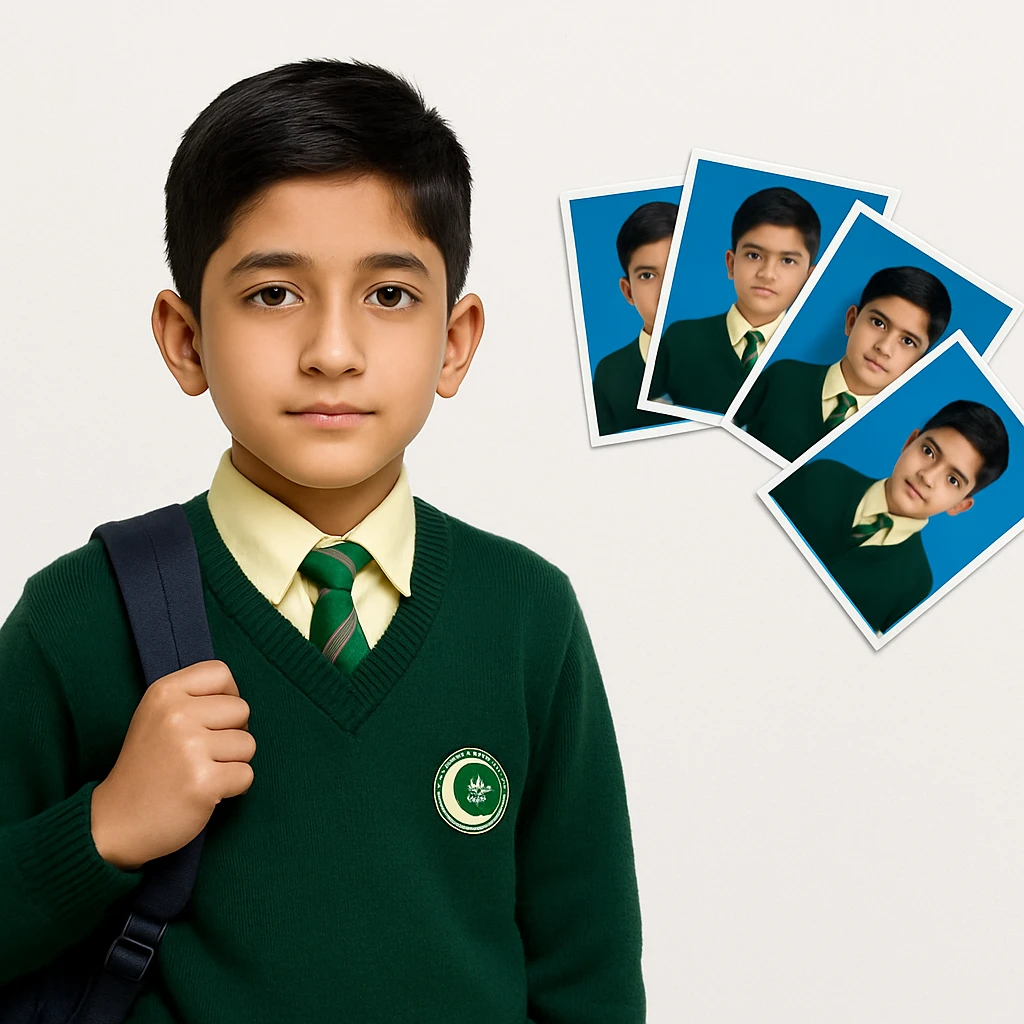 Remove all text from the image. Keep only the Pakistani schoolboy in uniform and the fan-shaped collage of his passport size photos with blue backgrounds on a clean white background. Maintain the original style and clarity of the image. emoji