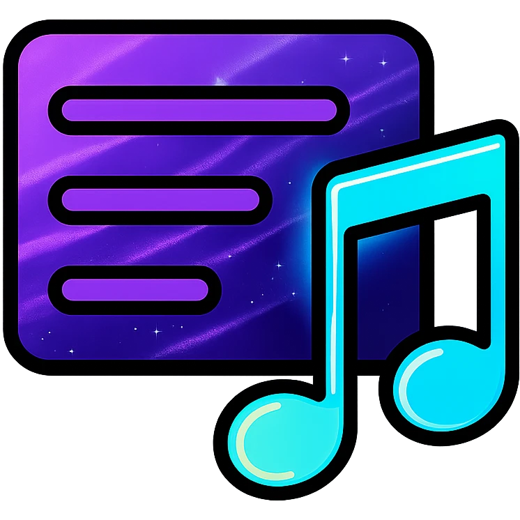 playlist icon with horizontal lines and musical note, lines with purple galactic flow effect, musical note with neon glow emoji