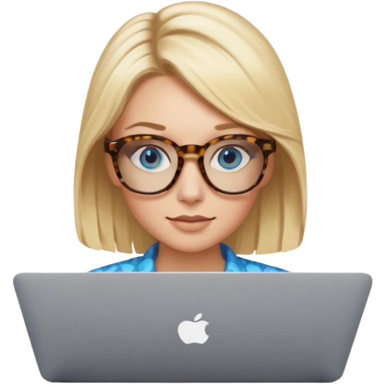 blonde hair woman blue eyes with tortoise shell print glasses on mac book  emoji