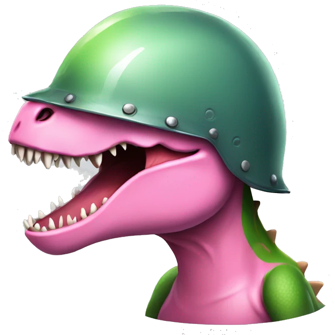 Dinosaur wearing a helmet, pink cheeks emoji