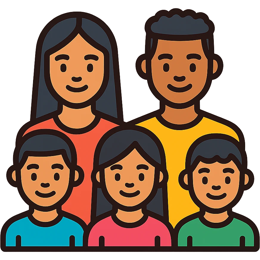 Hispanic family of five, parents in back and three kids in front with girl in the middle, all facing forward, mom with long straight dark hair, dad with short black curly fade, 9-year-old boy with short hair, 6-year-old girl with long straight hair, 6-year-old boy with short hair emoji