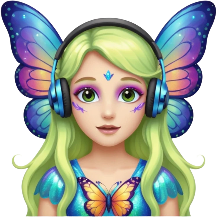 long haired make glitter makeup fairy wearing headpones wing butterfly wings  emoji