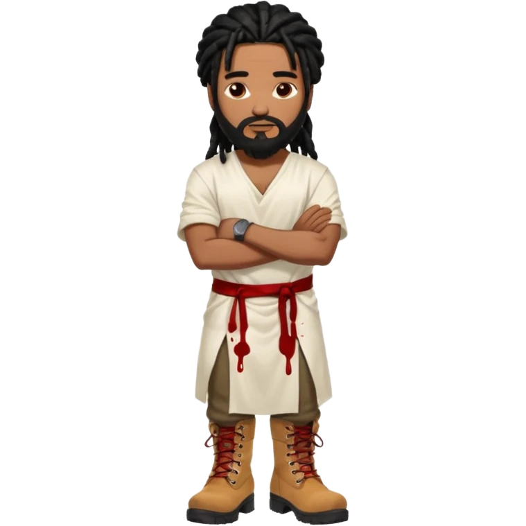 African American man with shoulder length black dreadlocks with black beard wearing a white tunic with blood on it wearing timberland boots with arms folded together emoji