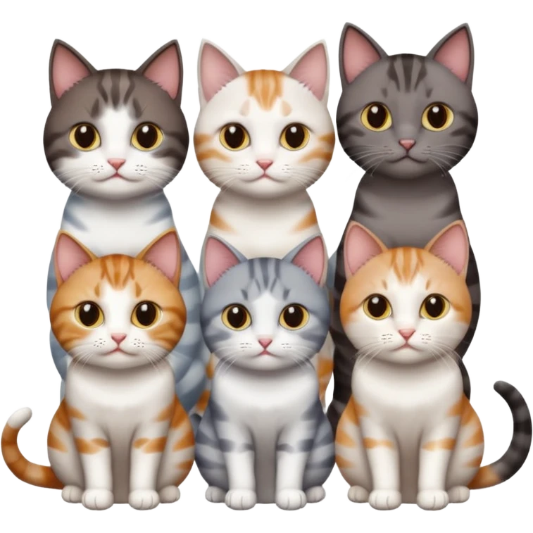 4 different coloured short haired cats including; a dark brown tabby and white cat, and a dark grey and white  emoji