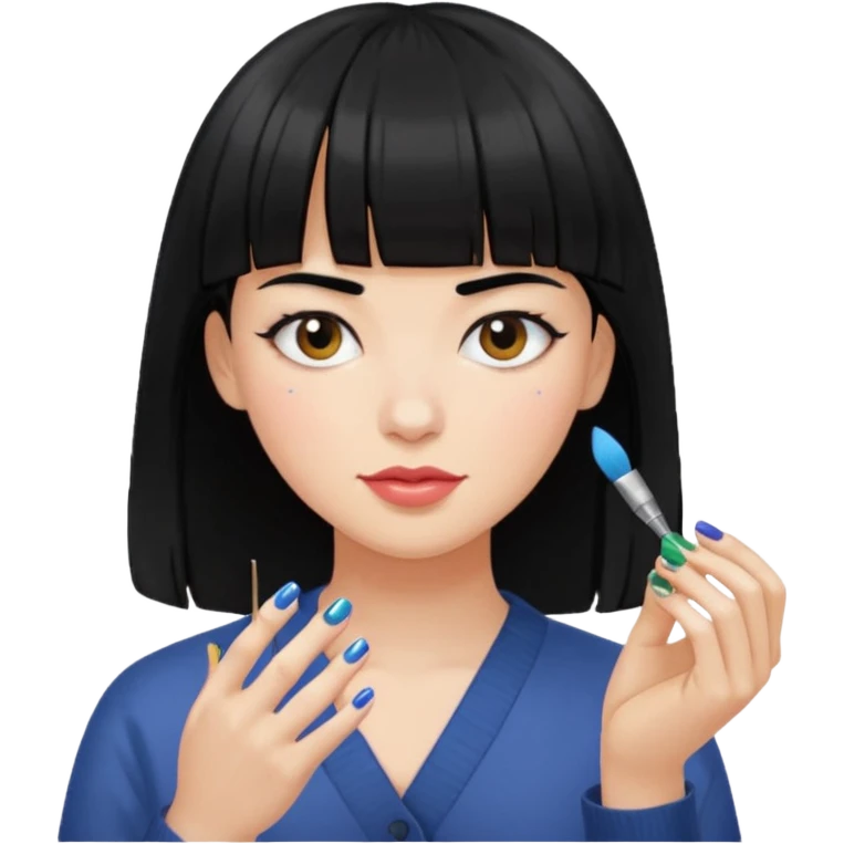 Person with black hair and bangs painting someone’s nails emoji
