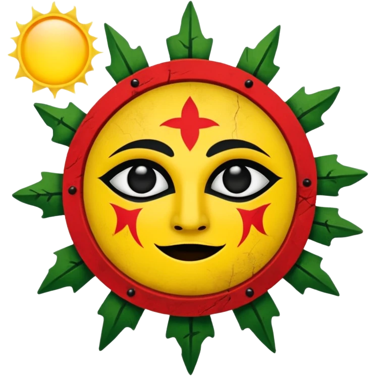 Medieval Banner with a white background, yellow sun in the foreground, and red beams on the sun, ad green edges to the banner and make the sun a s crudely drawn face in black emoji