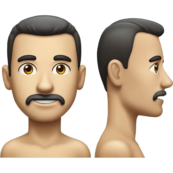 a narrow face with high cheekbones, a prominent forehead, and deep-set, piercing eyes. He had dark brown hair styled in a side part and was known for his distinctive toothbrush mustache. emoji