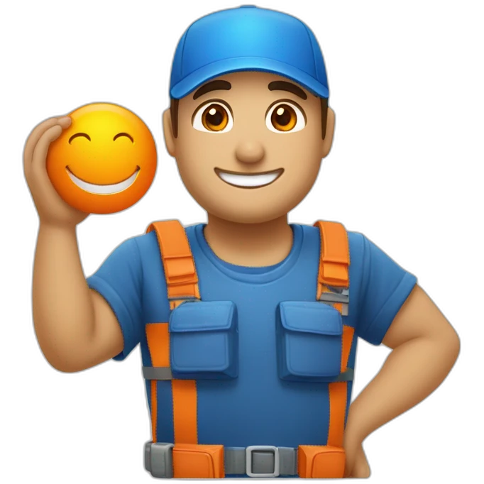 Técnico que repara electrodomésticos, con una gorra naranja y una camisa azul con blanco, feliz con una sonrisa.  emoji
