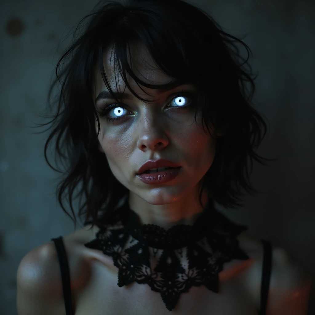 realistic horror portrait of an alluring but menacing woman with glowing eyes, black lace choker, horror atmosphere emoji