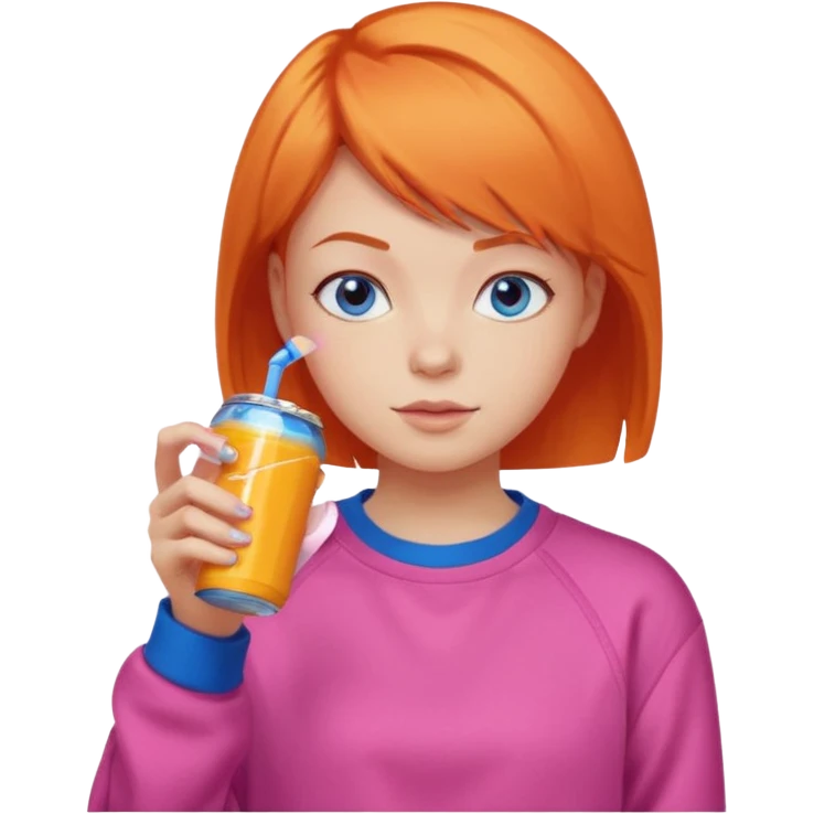 orange short hair girl sipping energy drink, blue eyes, pink sweatshirt emoji