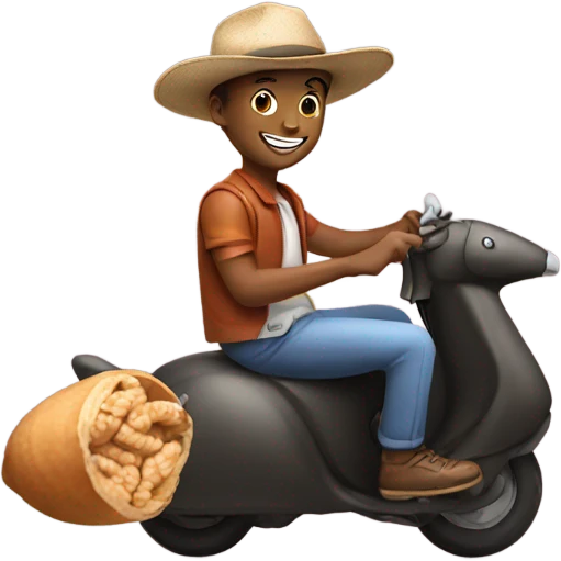 smiling boy in hat riding on a peanut emoji