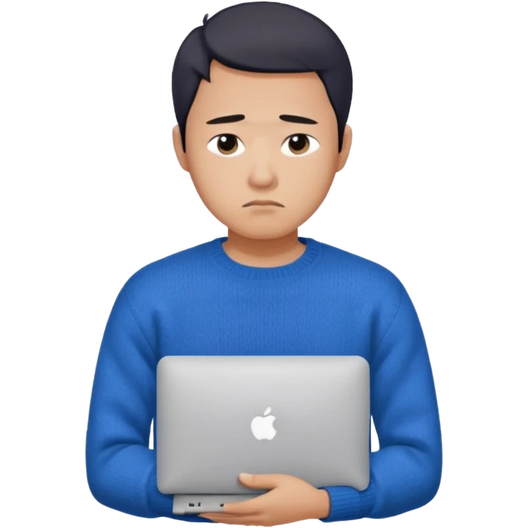 a asian guy wearing a blue knit with white shirt, looking sad, holding a macbook, only upper body, high quality emoji