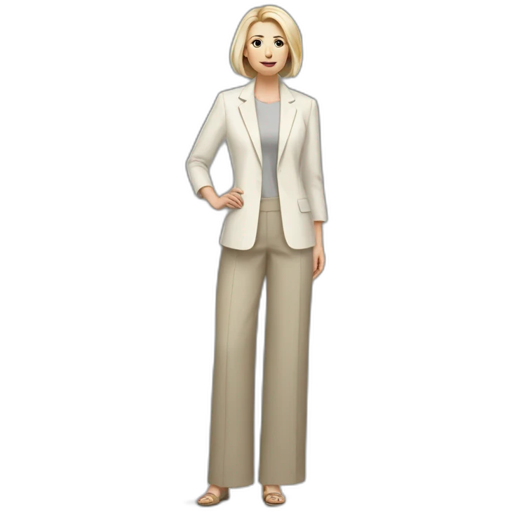 Full height Actively gesturing with hands pale skin woman with ash blonde Straightened bob Hair, White Spacious classical jacket, beige palazzo Arrow pants and gray blouse emoji