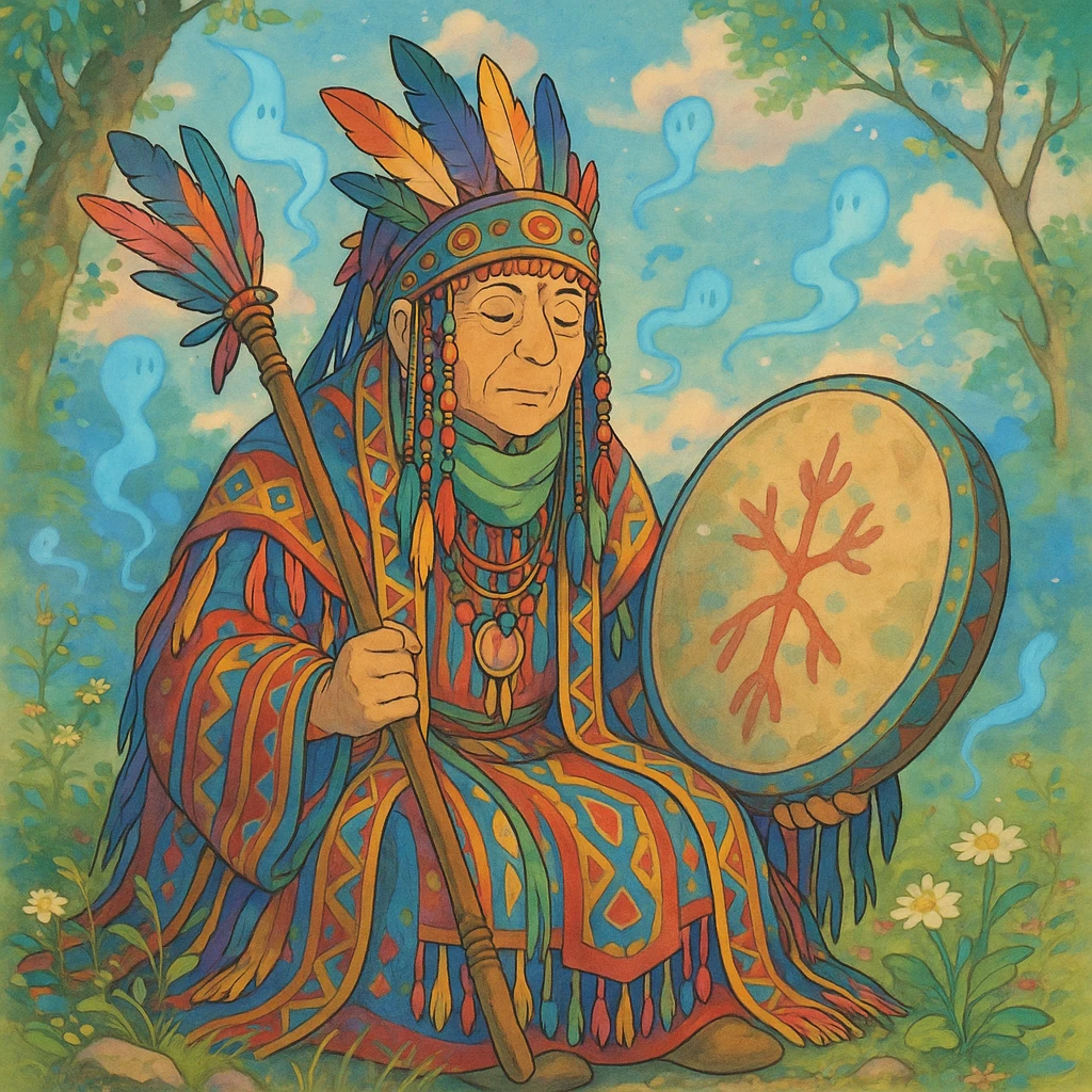 Traditional Siberian shaman, colorful attire, ghibli style emoji
