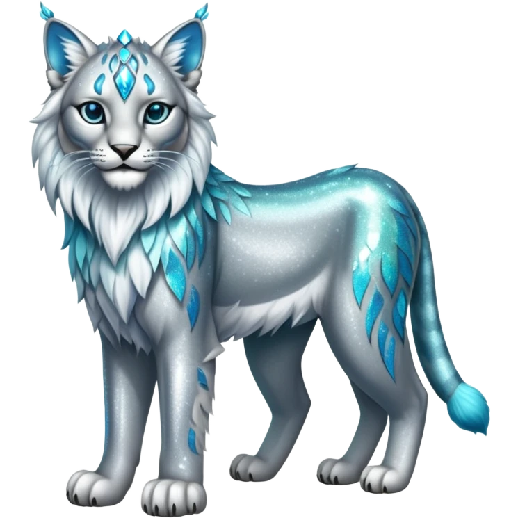 Sparkly shiny Silver and cyan Fairy-type Bobcat-Lynx-Lion-Fakémon full body emoji